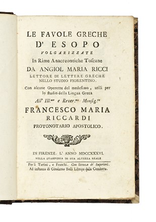  Aesopus : Fabulae, Quorum nomina sequenti pagella videre licet...  - Asta Libri,  [..]