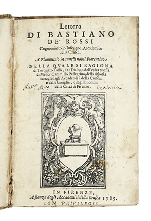  De Rossi Bastiano : Lettera [...] A Flamminio Mannelli nobil fiorentino nella quale si ragiona di Torquato Tasso...  Torquato Tasso  - Asta Libri, autografi e manoscritti - Libreria Antiquaria Gonnelli - Casa d'Aste - Gonnelli Casa d'Aste