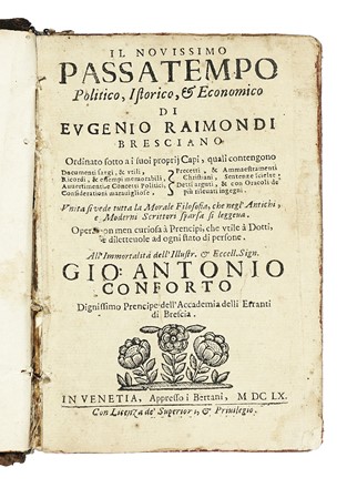  Raimondi Eugenio : Il novissimo passatempo politico, istorico, & economico. Letteratura  [..]