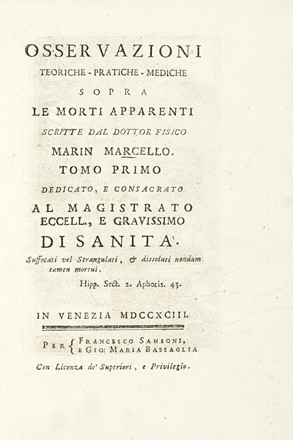  Marin Marcello : Osservazioni teoriche-pratiche-mediche sopra le morti apparenti... Vol I (-II).  - Asta Libri, autografi e manoscritti - Libreria Antiquaria Gonnelli - Casa d'Aste - Gonnelli Casa d'Aste
