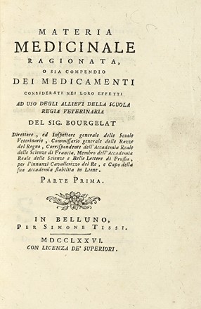  Bourgelat Claude : Opere veterinarie del sig. Bourgelat... volume primo (-ottavo).  [..]