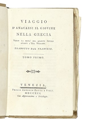  Barthélemy Jean Jacques : Viaggio di Anacarsi il Giovane nella Grecia verso la metà del quarto secolo avanti l'era volgare. Tradotto dal Francese. Tomo Primo (-Duodecimo).  - Asta Libri, autografi e manoscritti - Libreria Antiquaria Gonnelli - Casa d'Aste - Gonnelli Casa d'Aste