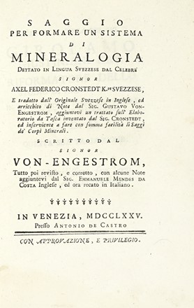  Cronstedt Axel Fredrik : Saggio per formare un sistema di mineralogia dettato in  [..]