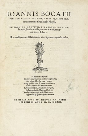  Boccaccio Giovanni : Genealogias deorum libri quindecim cum annotationibus Iacobi  [..]
