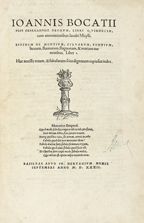  Boccaccio Giovanni : Genealogias deorum libri quindecim cum annotationibus Iacobi Micylli.  Jakob Moltzer  - Asta Libri, autografi e manoscritti - Libreria Antiquaria Gonnelli - Casa d'Aste - Gonnelli Casa d'Aste
