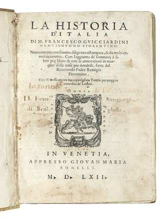  Guicciardini Francesco : La Historia d'Italia [...] Nuovamente con somma diligenza  [..]