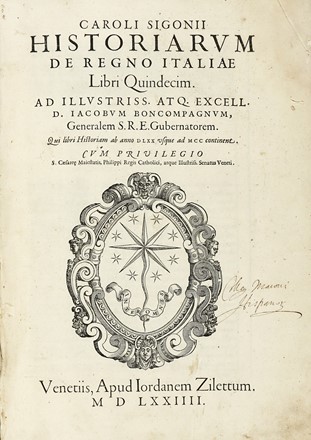  Sigonio Carlo : Historiarum de regno Italiae libri quindecim.  - Asta Libri, autografi  [..]