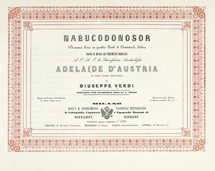  Verdi Giuseppe : Nabucodonosor [...]. Riduzione per pianoforte solo di L. Truzzi.  [..]