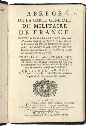  Lemau de la Jaisse Pierre : Abrégé de la carte générale du militaire de France.  [..]