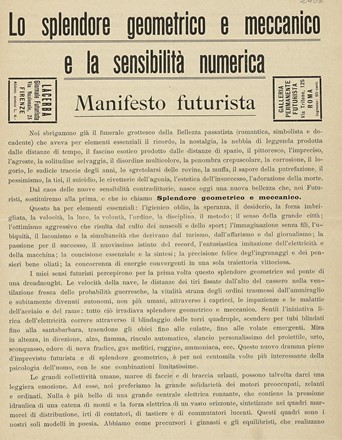  Marinetti Filippo Tommaso : Lo splendore geometrico e meccanico e la sensibilità  [..]