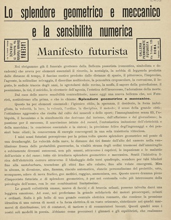  Marinetti Filippo Tommaso : Lo splendore geometrico e meccanico e la sensibilit numerica. Manifesto futurista. Futurismo, Arte  - Auction Books, autographs and manuscripts - Libreria Antiquaria Gonnelli - Casa d'Aste - Gonnelli Casa d'Aste