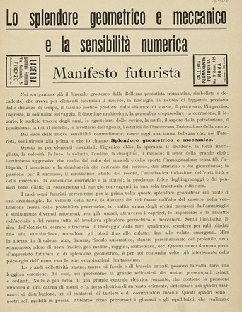  Marinetti Filippo Tommaso : Lo splendore geometrico e meccanico e la sensibilit numerica. Manifesto futurista.  - Asta Libri, autografi e manoscritti - Libreria Antiquaria Gonnelli - Casa d'Aste - Gonnelli Casa d'Aste