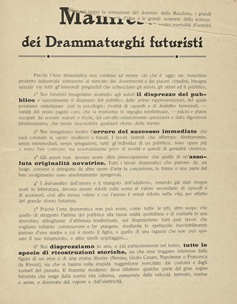  Marinetti Filippo Tommaso : Man[ifesto] dei Drammaturghi futuristi. Futurismo, Teatro, Musica, Teatro, Danza, Arte, Musica, Teatro, Spettacolo, Musica, Teatro, Spettacolo, Musica, Teatro, Spettacolo, Musica, Teatro, Spettacolo  - Auction Books, autographs and manuscripts - Libreria Antiquaria Gonnelli - Casa d'Aste - Gonnelli Casa d'Aste
