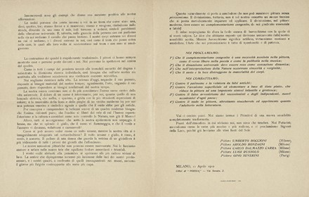  Boccioni Umberto [e altri] : La pittura futurista. Manifesto tecnico.  Carlo Carrà  (Quargnento, 1881 - Milano, 1966), Luigi Russolo  (1885 - 1947), Gino Severini  (Cortona, 1883 - Parigi, 1966), Aroldo Borzagni  - Asta Libri, autografi e manoscritti - Libreria Antiquaria Gonnelli - Casa d'Aste - Gonnelli Casa d'Aste