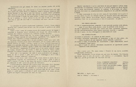  Boccioni Umberto [e altri] : La pittura futurista. Manifesto tecnico.  Carlo Carr  (Quargnento, 1881 - Milano, 1966), Luigi Russolo  (1885 - 1947), Gino Severini  (Cortona, 1883 - Parigi, 1966), Aroldo Borzagni  - Asta Libri, autografi e manoscritti - Libreria Antiquaria Gonnelli - Casa d'Aste - Gonnelli Casa d'Aste