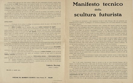  Boccioni Umberto [e altri] : La pittura futurista. Manifesto tecnico.  Carlo Carr  (Quargnento, 1881 - Milano, 1966), Luigi Russolo  (1885 - 1947), Gino Severini  (Cortona, 1883 - Parigi, 1966), Aroldo Borzagni  - Asta Libri, autografi e manoscritti - Libreria Antiquaria Gonnelli - Casa d'Aste - Gonnelli Casa d'Aste