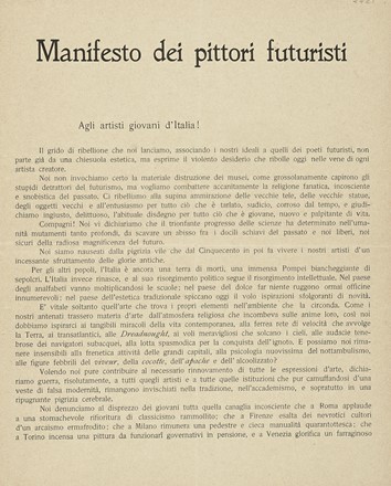  Boccioni Umberto [e altri] : Manifesto dei Pittori futuristi. Futurismo, Pittura, Arte, Arte  Carlo Carrà  (Quargnento, 1881 - Milano, 1966), Luigi Russolo  (1885 - 1947), Aroldo Bonzagni  (Cento, 1887 - Milano, 1918), Romolo Romani  - Auction Books, autographs and manuscripts - Libreria Antiquaria Gonnelli - Casa d'Aste - Gonnelli Casa d'Aste