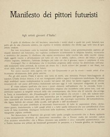  Boccioni Umberto [e altri] : Manifesto dei Pittori futuristi.  Carlo Carr  (Quargnento, 1881 - Milano, 1966), Luigi Russolo  (1885 - 1947), Aroldo Bonzagni  (Cento, 1887 - Milano, 1918), Romolo Romani  - Asta Libri, autografi e manoscritti - Libreria Antiquaria Gonnelli - Casa d'Aste - Gonnelli Casa d'Aste