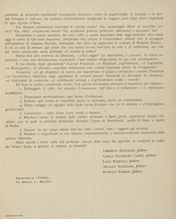  Boccioni Umberto [e altri] : Manifesto dei Pittori futuristi. Futurismo, Pittura, Arte, Arte  Carlo Carrà  (Quargnento, 1881 - Milano, 1966), Luigi Russolo  (1885 - 1947), Aroldo Bonzagni  (Cento, 1887 - Milano, 1918), Romolo Romani  - Auction Books, autographs and manuscripts - Libreria Antiquaria Gonnelli - Casa d'Aste - Gonnelli Casa d'Aste