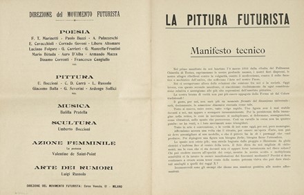  Boccioni Umberto [e altri] : Manifesto dei Pittori futuristi.  Carlo Carr  (Quargnento, 1881 - Milano, 1966), Luigi Russolo  (1885 - 1947), Aroldo Bonzagni  (Cento, 1887 - Milano, 1918), Romolo Romani  - Asta Libri, autografi e manoscritti - Libreria Antiquaria Gonnelli - Casa d'Aste - Gonnelli Casa d'Aste