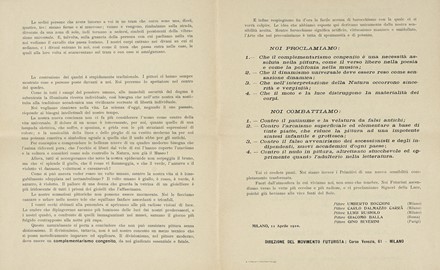  Boccioni Umberto [e altri] : Manifesto dei Pittori futuristi.  Carlo Carr  (Quargnento, 1881 - Milano, 1966), Luigi Russolo  (1885 - 1947), Aroldo Bonzagni  (Cento, 1887 - Milano, 1918), Romolo Romani  - Asta Libri, autografi e manoscritti - Libreria Antiquaria Gonnelli - Casa d'Aste - Gonnelli Casa d'Aste