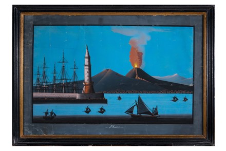  Scuola napoletana del XIX secolo : Coppia di vedute del porto di Napoli con l'eruzione del Vesuvio del novembre 1868.  - Auction Modern and Contemporary Art [II Part ] - Libreria Antiquaria Gonnelli - Casa d'Aste - Gonnelli Casa d'Aste