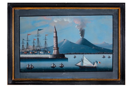  Scuola napoletana del XIX secolo : Coppia di vedute del porto di Napoli con l'eruzione  [..]