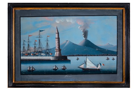 Scuola napoletana del XIX secolo : Coppia di vedute del porto di Napoli con l'eruzione del Vesuvio del novembre 1868.  - Auction Modern and Contemporary Art [II Part ] - Libreria Antiquaria Gonnelli - Casa d'Aste - Gonnelli Casa d'Aste