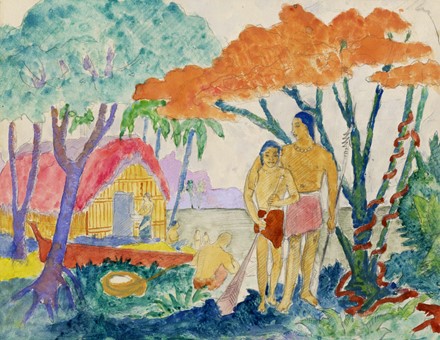  Thayaht [pseud. di Michahelles Ernesto]  (Firenze, 1893 - Marina di Pietrasanta, 1959) : Omaggio a Gauguin. Disegno recto/verso.  Paul Gauguin  (Parigi, 1849 - Fatu Iwa, 1903)  - Asta Arte Moderna e Contemporanea [Parte II] - Libreria Antiquaria Gonnelli - Casa d'Aste - Gonnelli Casa d'Aste