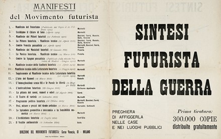  Marinetti Filippo Tommaso : Sintesi Futurista della Guerra.  Umberto Boccioni  (Reggio Calabria, 1882 - Verona, 1916), Carlo Carrà  (Quargnento, 1881 - Milano, 1966), Luigi Russolo  (1885 - 1947)  - Asta Libri, autografi e manoscritti - Libreria Antiquaria Gonnelli - Casa d'Aste - Gonnelli Casa d'Aste