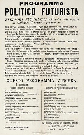  Marinetti Filippo Tommaso : Programma politico futurista.  Umberto Boccioni  (Reggio Calabria, 1882 - Verona, 1916), Carlo Carrà  (Quargnento, 1881 - Milano, 1966), Luigi Russolo  (1885 - 1947)  - Asta Libri, autografi e manoscritti - Libreria Antiquaria Gonnelli - Casa d'Aste - Gonnelli Casa d'Aste