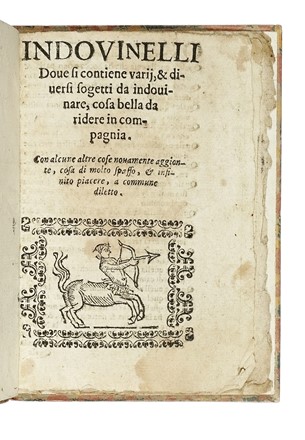  Croce Giulio Cesare [attribuito a] : Indovinelli. Dove si contiene varij, & diversi sogetti da indovinare, cosa bella da ridere in compagnia. Con alcune altre cose novamente aggionte... Stampa popolare, Collezionismo e Bibliografia  - Auction Books, autographs and manuscripts - Libreria Antiquaria Gonnelli - Casa d'Aste - Gonnelli Casa d'Aste