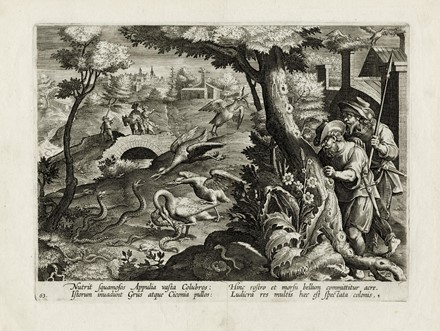  Jan Van der Straet (detto Stradano)  (Bruges, 1523 - Firenze, 1605) [da] : La caccia al coniglio con cani e leopardi / La lotta tra cicogne e serpenti / La caccia alle allodole con i falchi.  - Auction Arte Antica, Moderna e Contemporanea [parte I] - Libreria Antiquaria Gonnelli - Casa d'Aste - Gonnelli Casa d'Aste