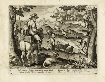  Jan Van der Straet (detto Stradano)  (Bruges, 1523 - Firenze, 1605) [da] : La caccia al coniglio con cani e leopardi / La lotta tra cicogne e serpenti / La caccia alle allodole con i falchi.  - Auction Arte Antica, Moderna e Contemporanea [parte I] - Libreria Antiquaria Gonnelli - Casa d'Aste - Gonnelli Casa d'Aste