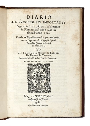  Buonaccorsi Biagio : Diario de' successi piu importanti seguiti in Italia, & particolarmente in Fiorenza dall'anno 1498 in sino all'anno 1512 [...] Con la vita del Magnifico Lorenzo De' Medici il vecchio...  Niccolo Valori  - Asta Libri, Autografi e Manoscritti - Libreria Antiquaria Gonnelli - Casa d'Aste - Gonnelli Casa d'Aste