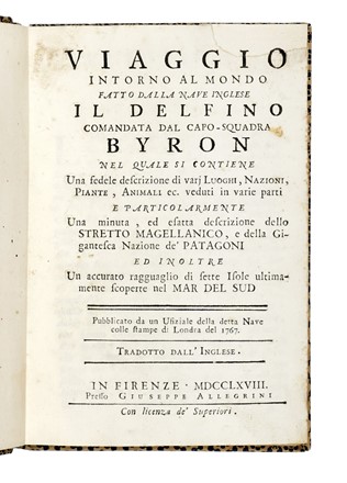  Clerke Charles : Viaggio intorno al mondo fatto dalla nave inglese il Delfino comandata dal capo-squadra Byron... Americana, Geografia e viaggi, Storia, Diritto e Politica  - Auction Books, Autographs and Manuscripts - Libreria Antiquaria Gonnelli - Casa d'Aste - Gonnelli Casa d'Aste
