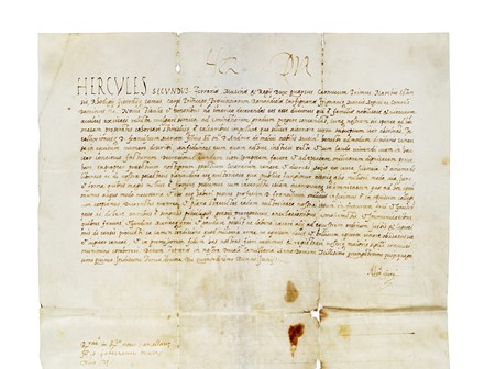 Privilegio pergamenaceo con firma autografa di Ercole I d'Este con capolettera miniato.  - Asta Libri, autografi e manoscritti - Libreria Antiquaria Gonnelli - Casa d'Aste - Gonnelli Casa d'Aste