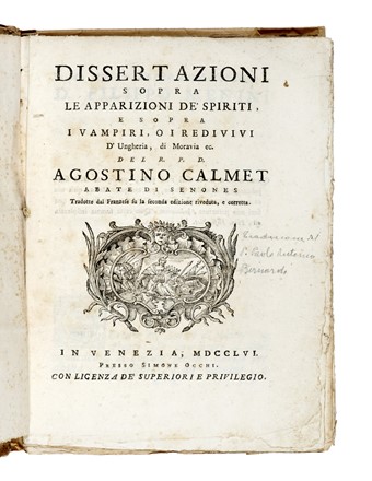  Calmet Augustin : Dissertazioni sopra le apparizioni de spiriti e sopra i vampiri, o redivivi d?Ungheria, di Moravia ec... Occultismo  - Auction Books, Autographs and Manuscripts - Libreria Antiquaria Gonnelli - Casa d'Aste - Gonnelli Casa d'Aste