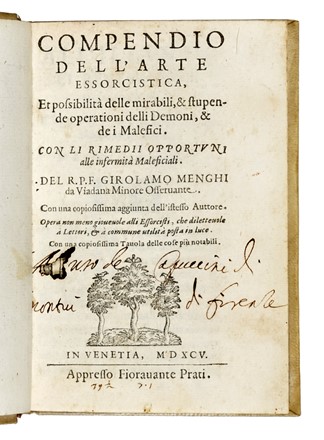  Menghi Girolamo : Compendio dell'arte essorcistica, et possibilit� delle mirabili, & stupende operationi delli demoni, & de i malefici... Occultismo  - Auction Books, Autographs and Manuscripts - Libreria Antiquaria Gonnelli - Casa d'Aste - Gonnelli Casa d'Aste