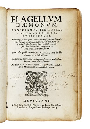  Menghi Girolamo : Flagellum daemonum. Exorcismos terribiles potentissimos, et efficaces... Occultismo, Storia, Storia, Diritto e Politica  - Auction Books, Autographs and Manuscripts - Libreria Antiquaria Gonnelli - Casa d'Aste - Gonnelli Casa d'Aste