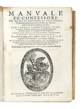  Azpilcueta Martin (de) : Manuale de' confessori [...] Con cinque commentarii, cio�, de' cambi, dell'usure, della difesa del prossimo...  - Auction Books, Autographs and Manuscripts - Libreria Antiquaria Gonnelli - Casa d'Aste - Gonnelli Casa d'Aste