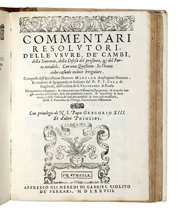  Azpilcueta Martin (de) : Manuale de' confessori [...] Con cinque commentarii, cio�, de' cambi, dell'usure, della difesa del prossimo...  - Auction Books, Autographs and Manuscripts - Libreria Antiquaria Gonnelli - Casa d'Aste - Gonnelli Casa d'Aste