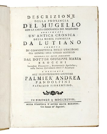  Brocchi Giuseppe Maria : Descrizione della provincia del Mugello con la carta geografica del medesimo... Geografia e viaggi, Storia locale, Storia, Diritto e Politica  - Auction Books, Autographs and Manuscripts - Libreria Antiquaria Gonnelli - Casa d'Aste - Gonnelli Casa d'Aste