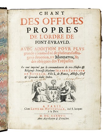  Bourbon Jeanne Baptiste de : Chant des offices propres de l'Ordre de Font-Eurauld... Musica, Religione, Musica, Teatro, Spettacolo  - Auction Books, Autographs and Manuscripts - Libreria Antiquaria Gonnelli - Casa d'Aste - Gonnelli Casa d'Aste