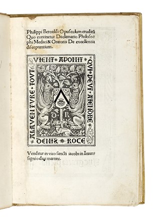  Beroaldo Filippo : [Declamatio philosophi medici et oratoris.] Philippi Beroaldi Opusculum eruditum Quo continetur Declamatio Philosophi Medici & Oratoris De excellentia disceptantium. Incunabolo, Figurato, Religione, Collezionismo e Bibliografia, Collezionismo e Bibliografia  - Auction Books, Autographs and Manuscripts - Libreria Antiquaria Gonnelli - Casa d'Aste - Gonnelli Casa d'Aste