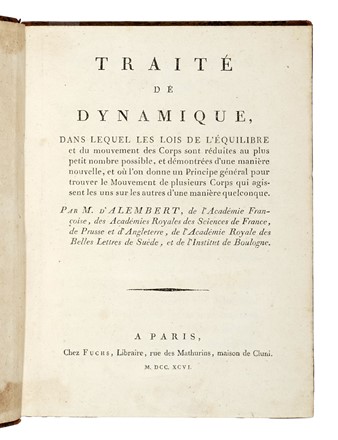  Alembert Jean Le Rond (d') : Trait� de dynamique... Meccanica, Fisica, Scienze tecniche e matematiche, Scienze tecniche e matematiche  - Auction Books, Autographs and Manuscripts - Libreria Antiquaria Gonnelli - Casa d'Aste - Gonnelli Casa d'Aste