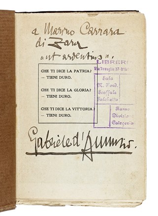  D'Annunzio Gabriele : Dedica autografa su libro La Riscossa Casa Editrice d'arte Bestetti e Tumminelli, Milano 1918. Letteratura italiana, Letteratura  - Auction Books, Autographs and Manuscripts - Libreria Antiquaria Gonnelli - Casa d'Aste - Gonnelli Casa d'Aste
