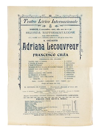 Raccolta di firme autografe di cantanti, librettisti e musicisti su libri, insieme ad una locandina di Adriana Lecouvreur in cui canta Enrico Caruso. Musica, Musica, Teatro, Spettacolo  - Auction Books, Autographs and Manuscripts - Libreria Antiquaria Gonnelli - Casa d'Aste - Gonnelli Casa d'Aste