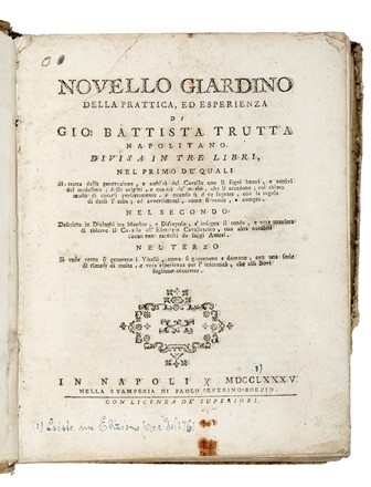  Trutta Giovanni Battista : Novello giardino della prattica... Veterinaria, Equitazione, Medicina, Feste - Folklore - Giochi - Sport  - Auction Libri, Autografi e Manoscritti - Libreria Antiquaria Gonnelli - Casa d'Aste - Gonnelli Casa d'Aste
