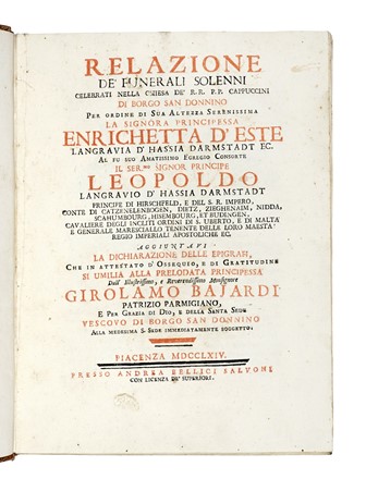 Relazione de' funerali solenni [...] al fu suo amatissimo egregio consorte il ser.mo signor principe Leopoldo langravio d'Hassia Darmstadt... Storia locale, Storia, Diritto e Politica  - Auction Books, Autographs and Manuscripts - Libreria Antiquaria Gonnelli - Casa d'Aste - Gonnelli Casa d'Aste